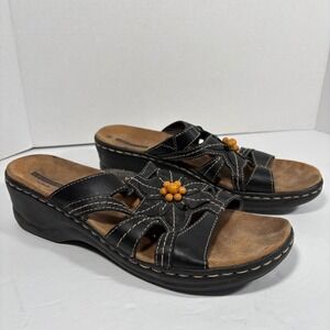 Clarks Lexi Myrtle Collection Black Leather Flower Wedge Sandals Women 9